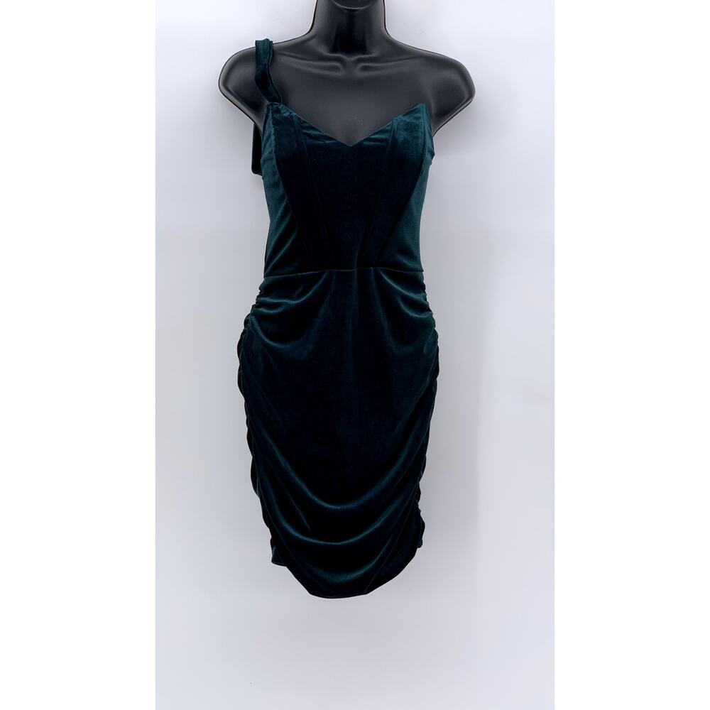 PARTHEA Women's Dark Green Velour One-Sleeve V-Neck Mini Dress SZ M